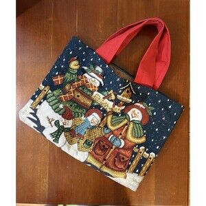 Vtg Holiday Themed Snowman Tapestry Tote Bag Red Fabric Handles Christmas Bag